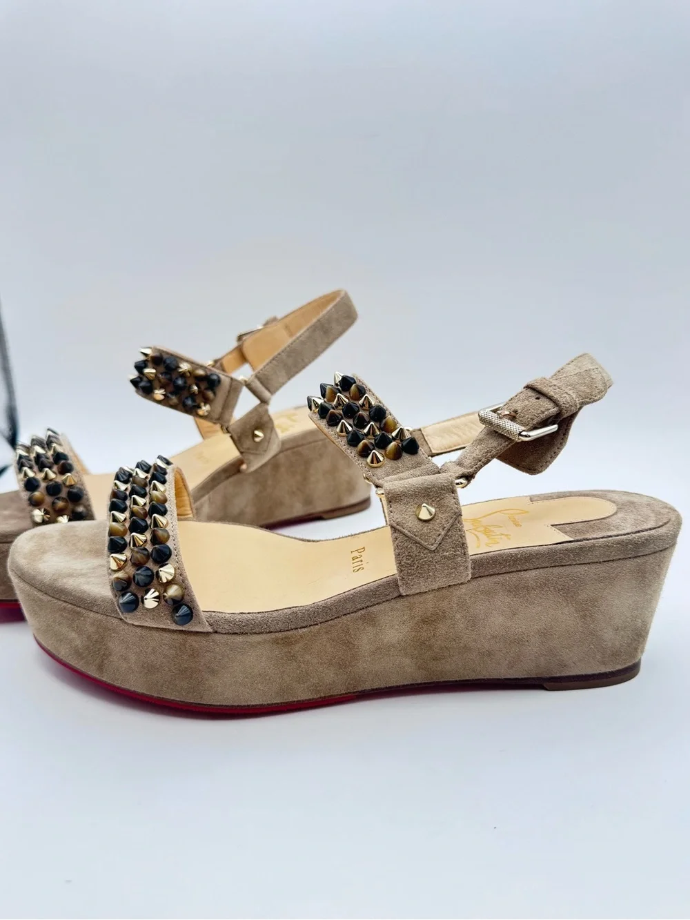Christian Louboutin Bikee Deck 60 Studded Suede Wedge Sandals Grege 38